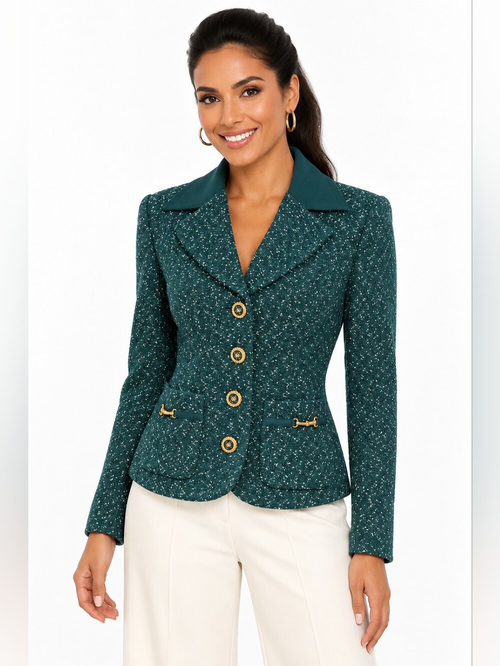 Vintage St John Collection Green Tweed Knit Jacket Blazer Gold Buttons  Size 8